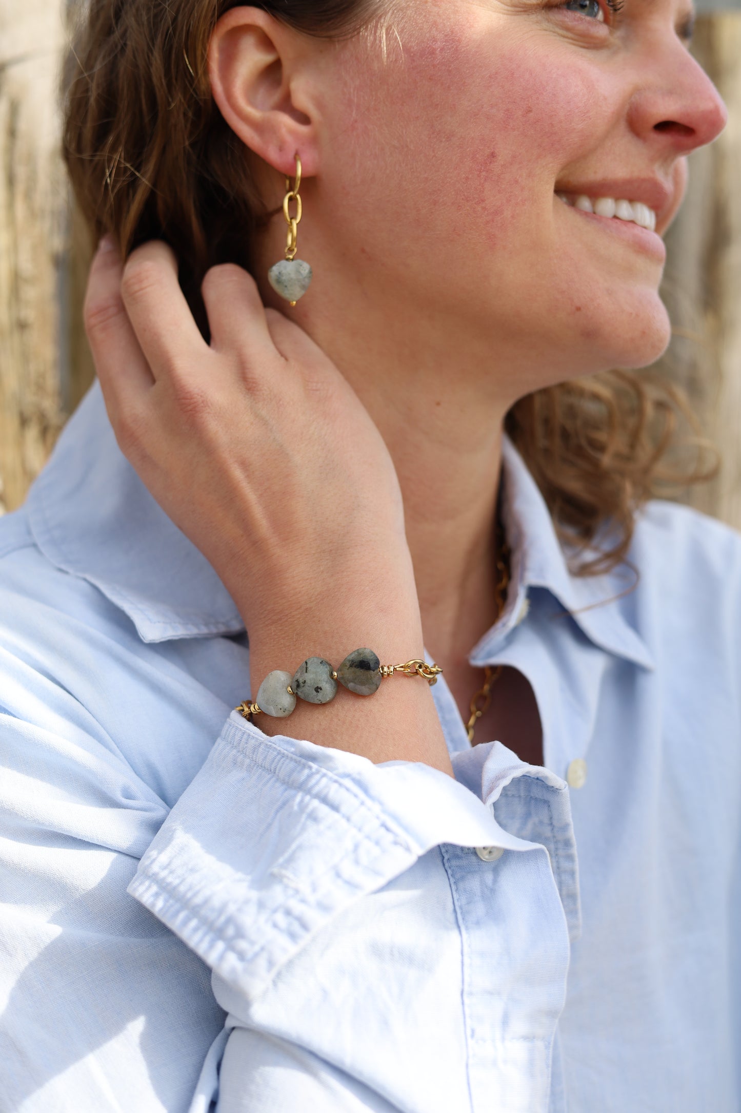 BELOVED ARMBAND - dames rvs edelsteen - aventurijn - naturel roze jade - labradoriet