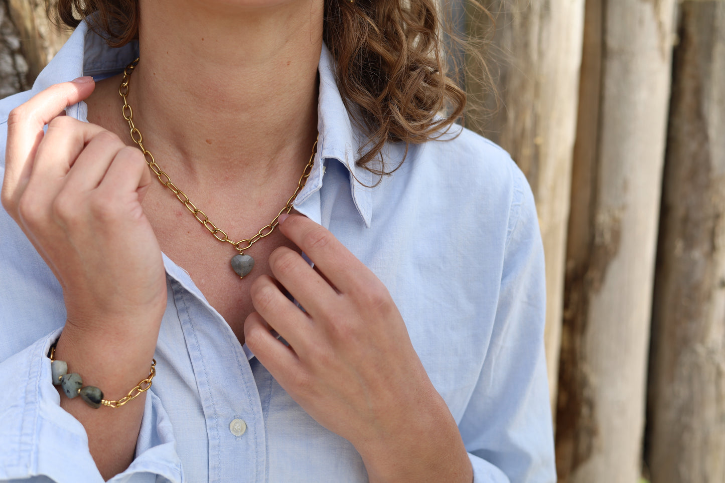BELOVED KETTING - dames rvs edelsteen - aventurijn - naturel roze jade - labradoriet